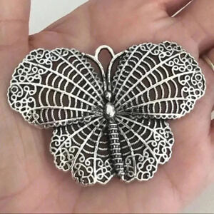 Huge Pretty Butterfly Filigree Silver Necklace Pendant NWT